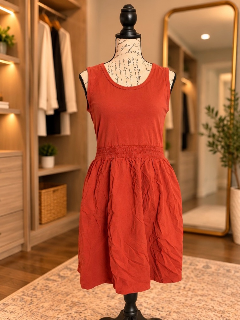 24/7 Rust Sleeveless Smocked Waist Dress Size Medium